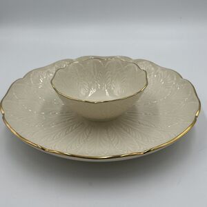 Vintage Lenox 10" Embossed Greenfield Collection CHIP & DIP SET 24k Gold Trim